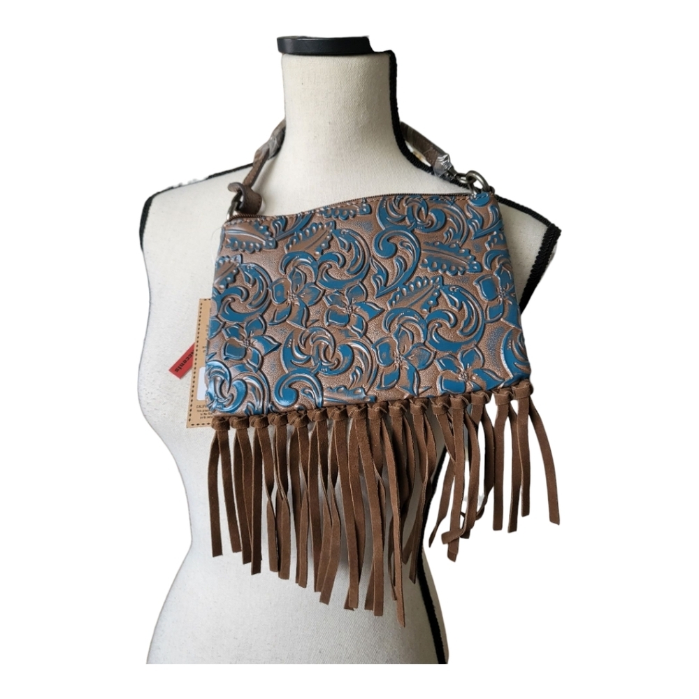 Justins Leather Clutch Shpulder Bag With Fringe New
